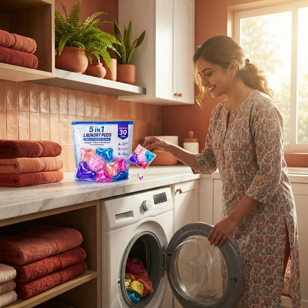 An Indian woman placing a laundry pod into a washing machine in a modern, sunlit home laundry room.