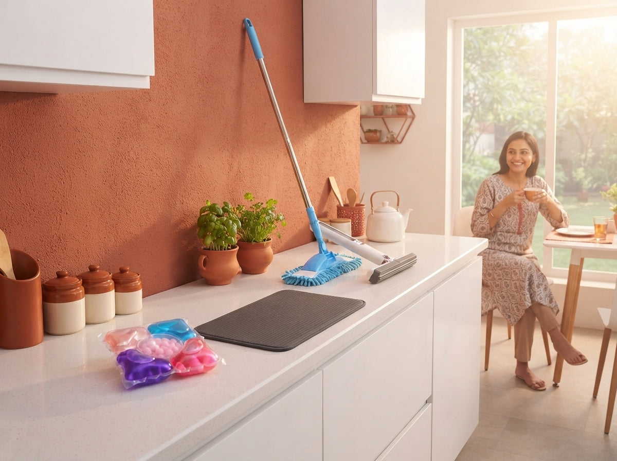 Cleaning tools including laundry pods, a drying mat, and mops arranged on a kitchen counter in a bright, modern Indian home.